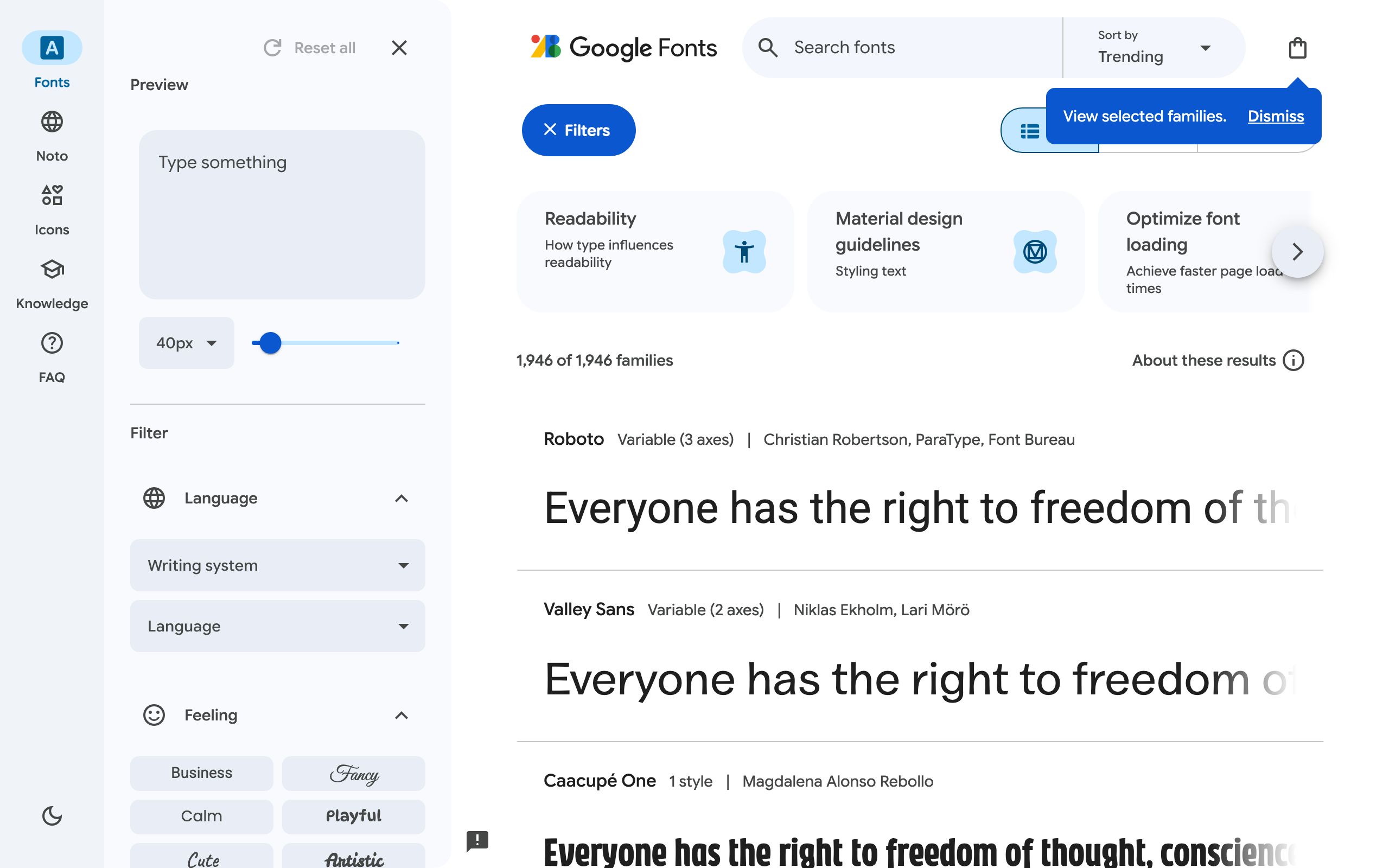 Google Fonts screenshot