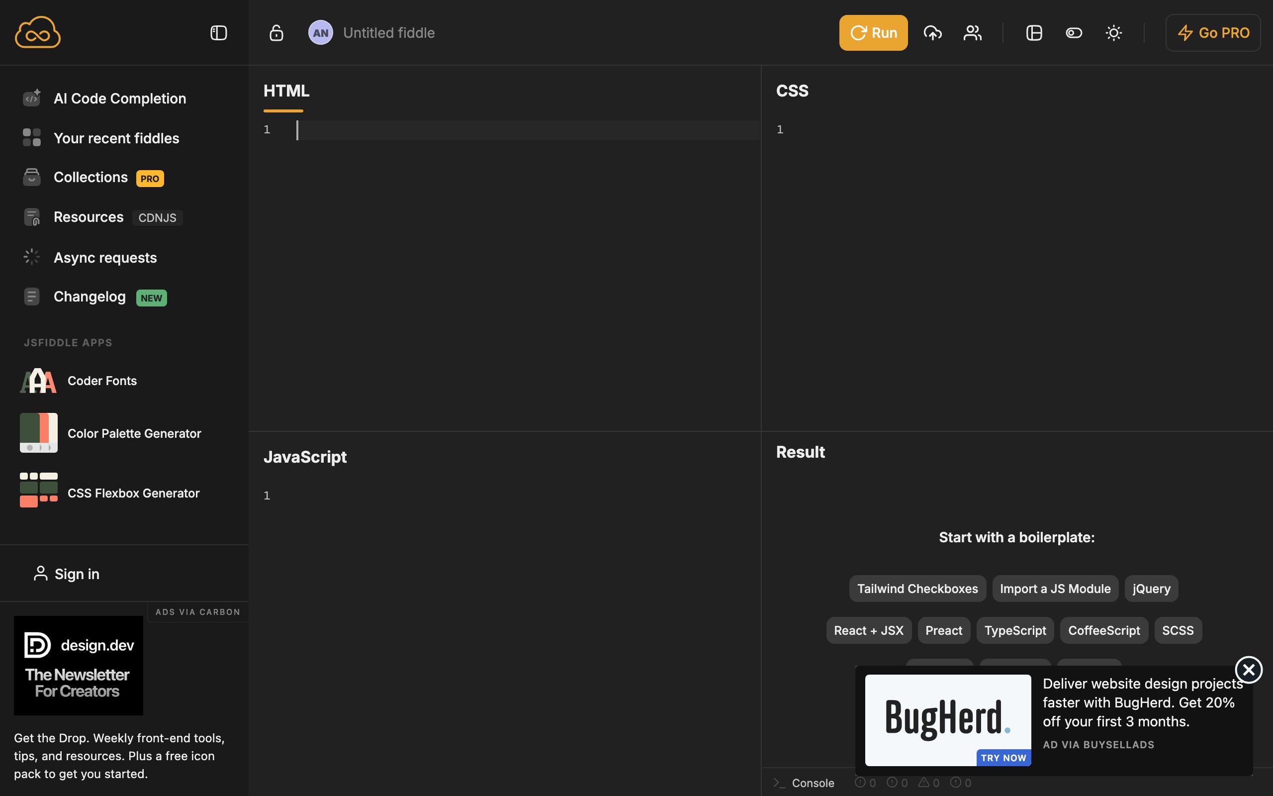 JSFiddle screenshot