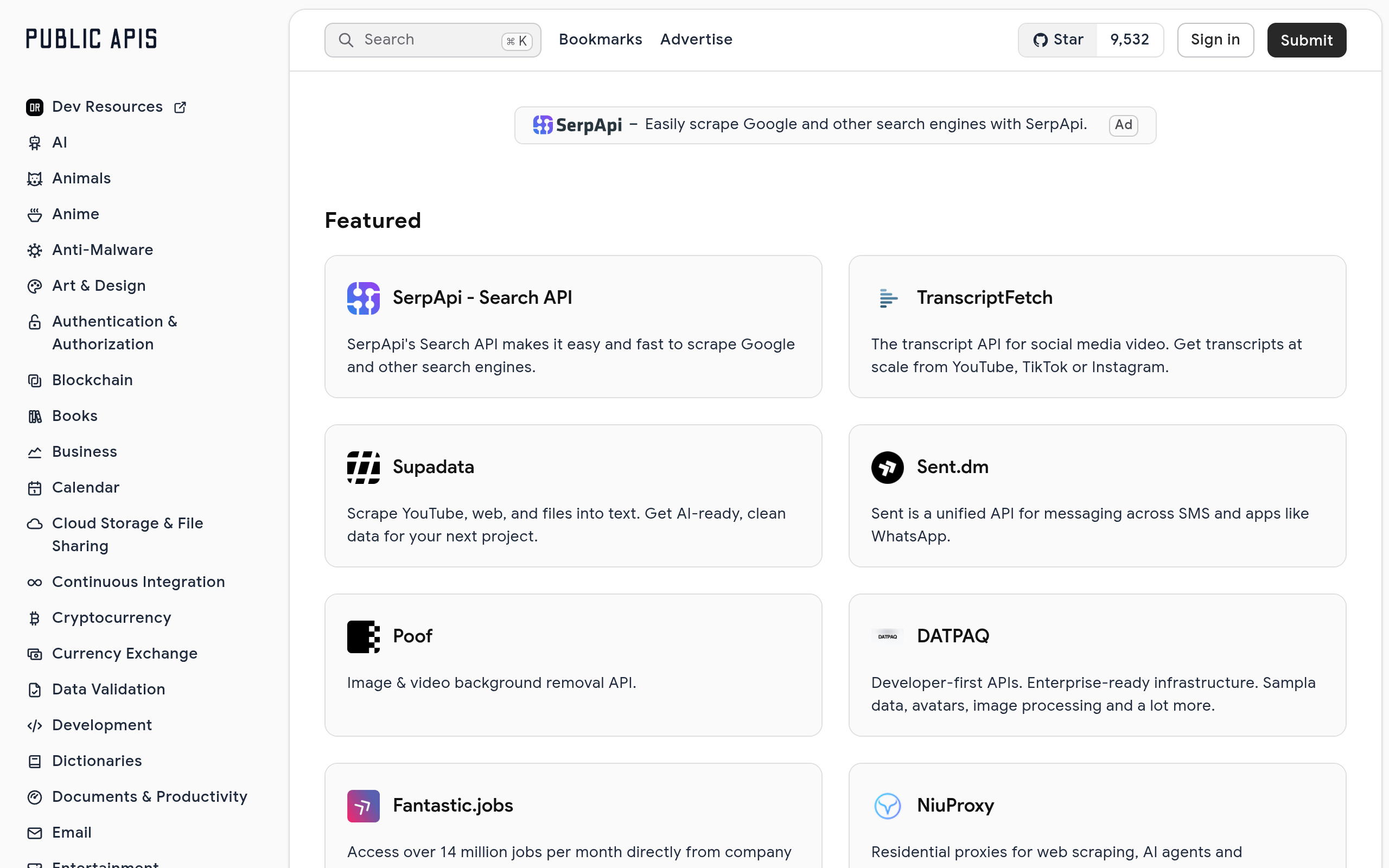 Public APIs screenshot