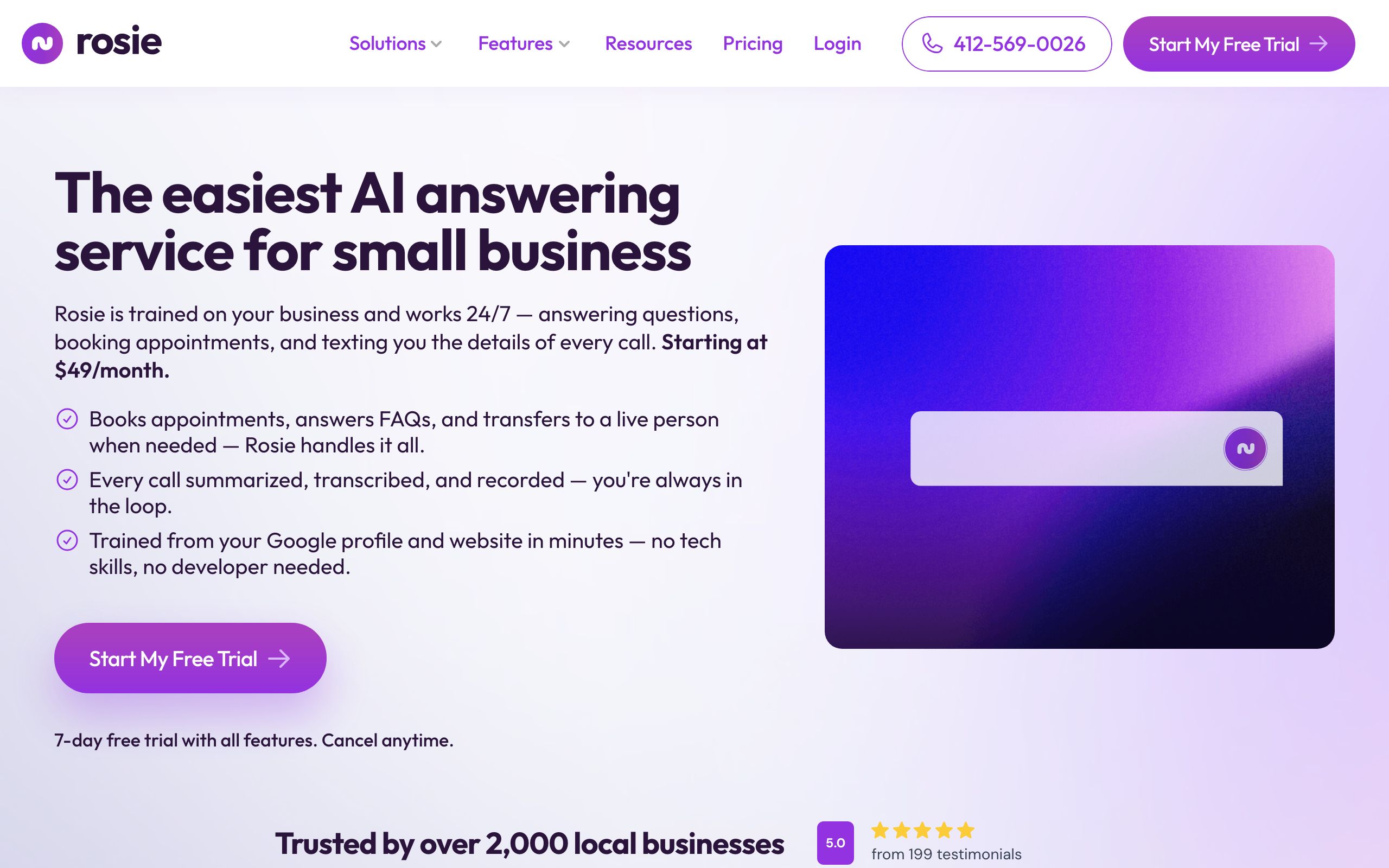 Rosie AI Call Answering Service screenshot
