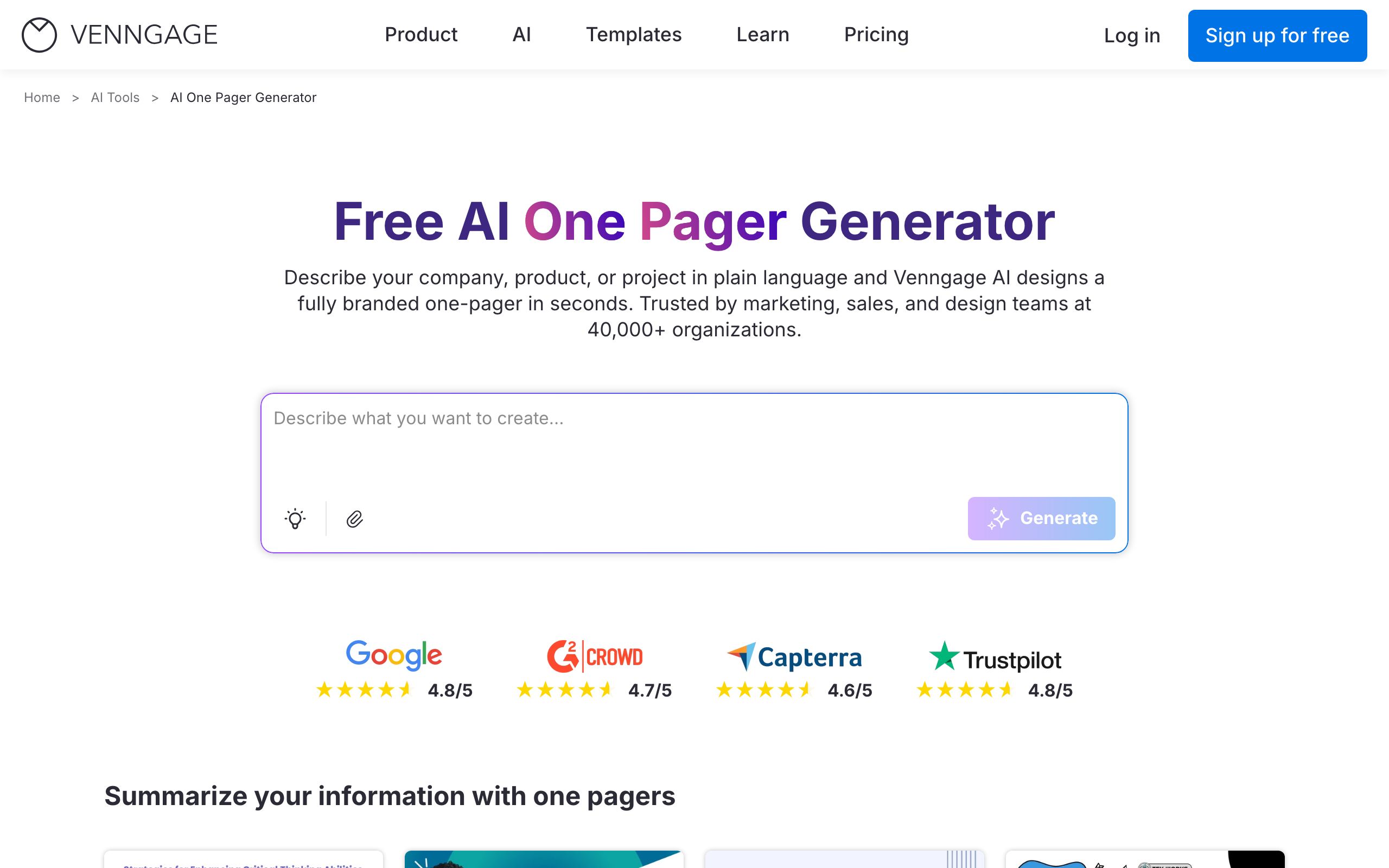 Venngage AI One-Pager Generator screenshot